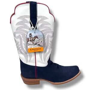 R Watson Roughout Cowboy Western Boots Men's 13 D Midnight Blue White Square Toe